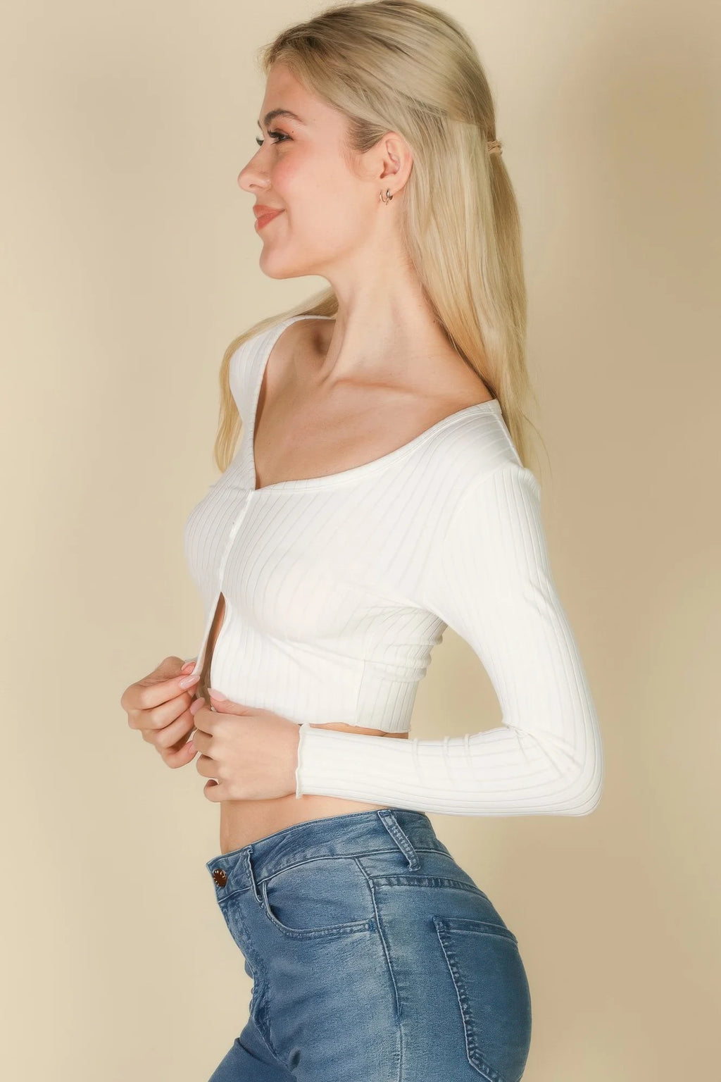 Ribbed Button Front Split Long Sleeve Top