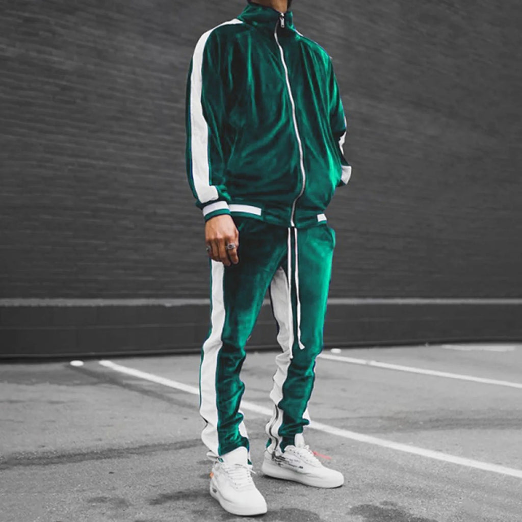 Men'S 2 Pieces Full Zip Tracksuits Golden Velvet Sport Suits Casual Outfits Jacket & Pants Fitness Tracksuit Set(Green,L)