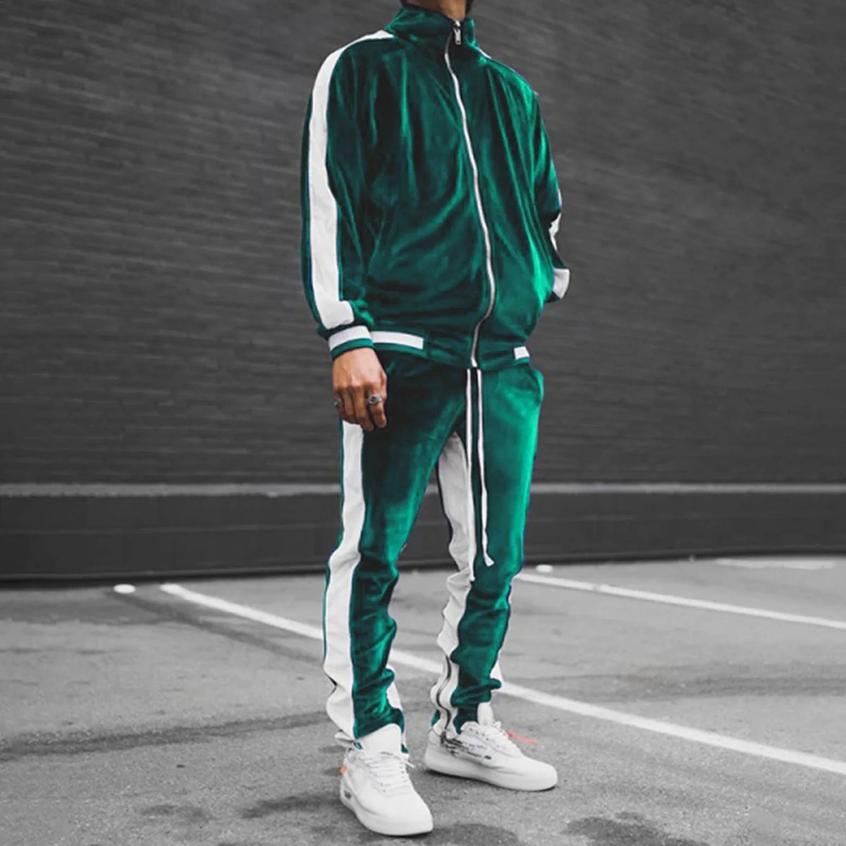 Men'S 2 Pieces Full Zip Tracksuits Golden Velvet Sport Suits Casual Outfits Jacket & Pants Fitness Tracksuit Set(Green,L)