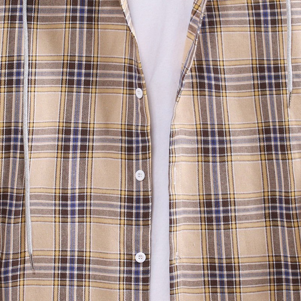 ZCFZJW Men'S Flannel Plaid Hooded Shirts Casual Long Sleeve Button down Regular Fit Hooded Shirt Lightweight Thin Jackets Khaki#06 S
