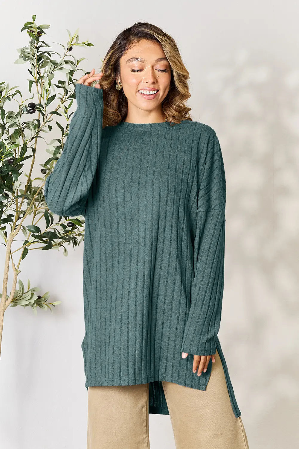 Basic Bae Full Size Ribbed round Neck Long Sleeve Slit Top