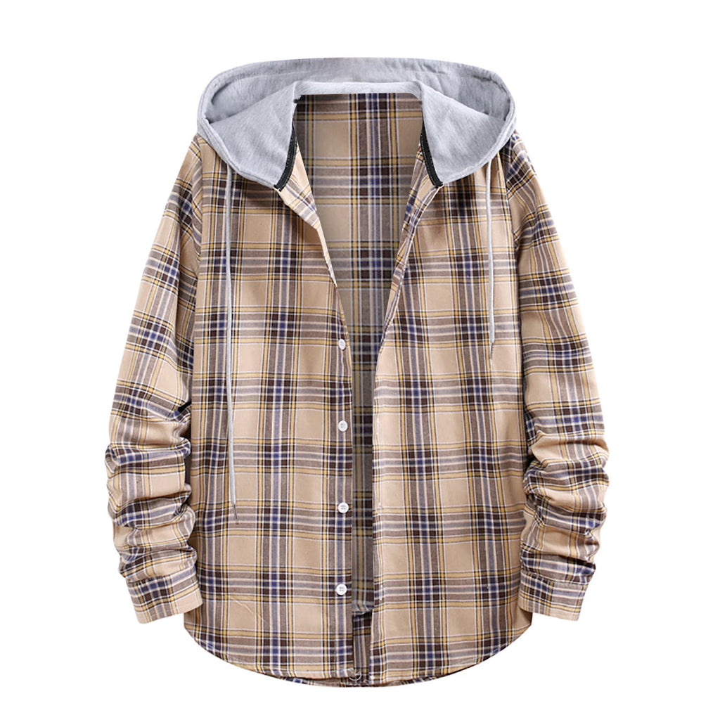 ZCFZJW Men'S Flannel Plaid Hooded Shirts Casual Long Sleeve Button down Regular Fit Hooded Shirt Lightweight Thin Jackets Khaki#06 S