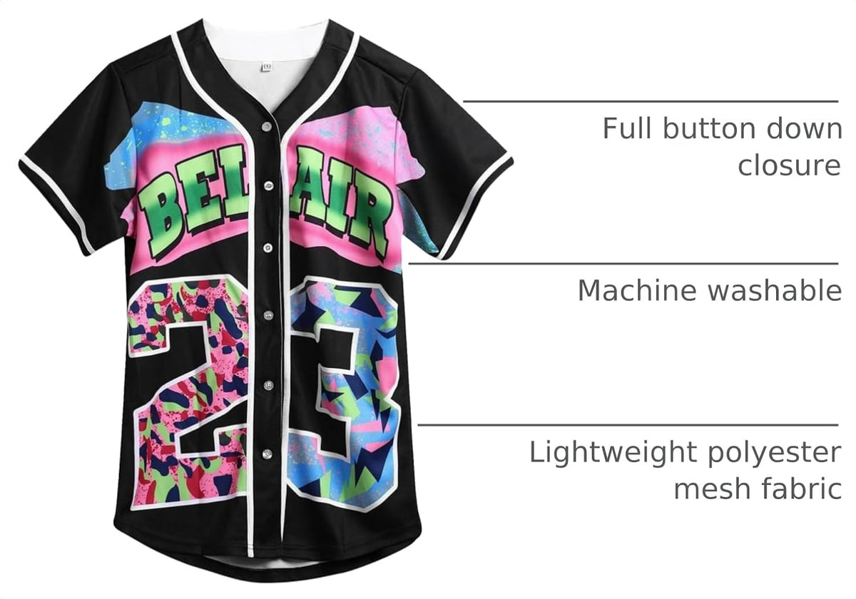Unisex Bel Air Button down Baseball Jersey, 90S Hip Hop Party Shirt