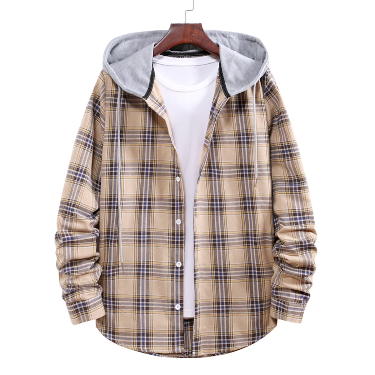 ZCFZJW Men'S Flannel Plaid Hooded Shirts Casual Long Sleeve Button down Regular Fit Hooded Shirt Lightweight Thin Jackets Khaki#06 S