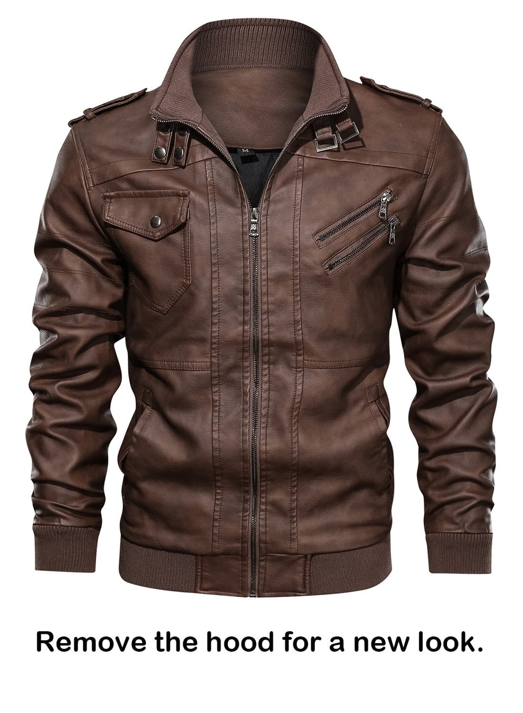 Men'S Pu Faux Leather Jacket with Removable Hood Brown S