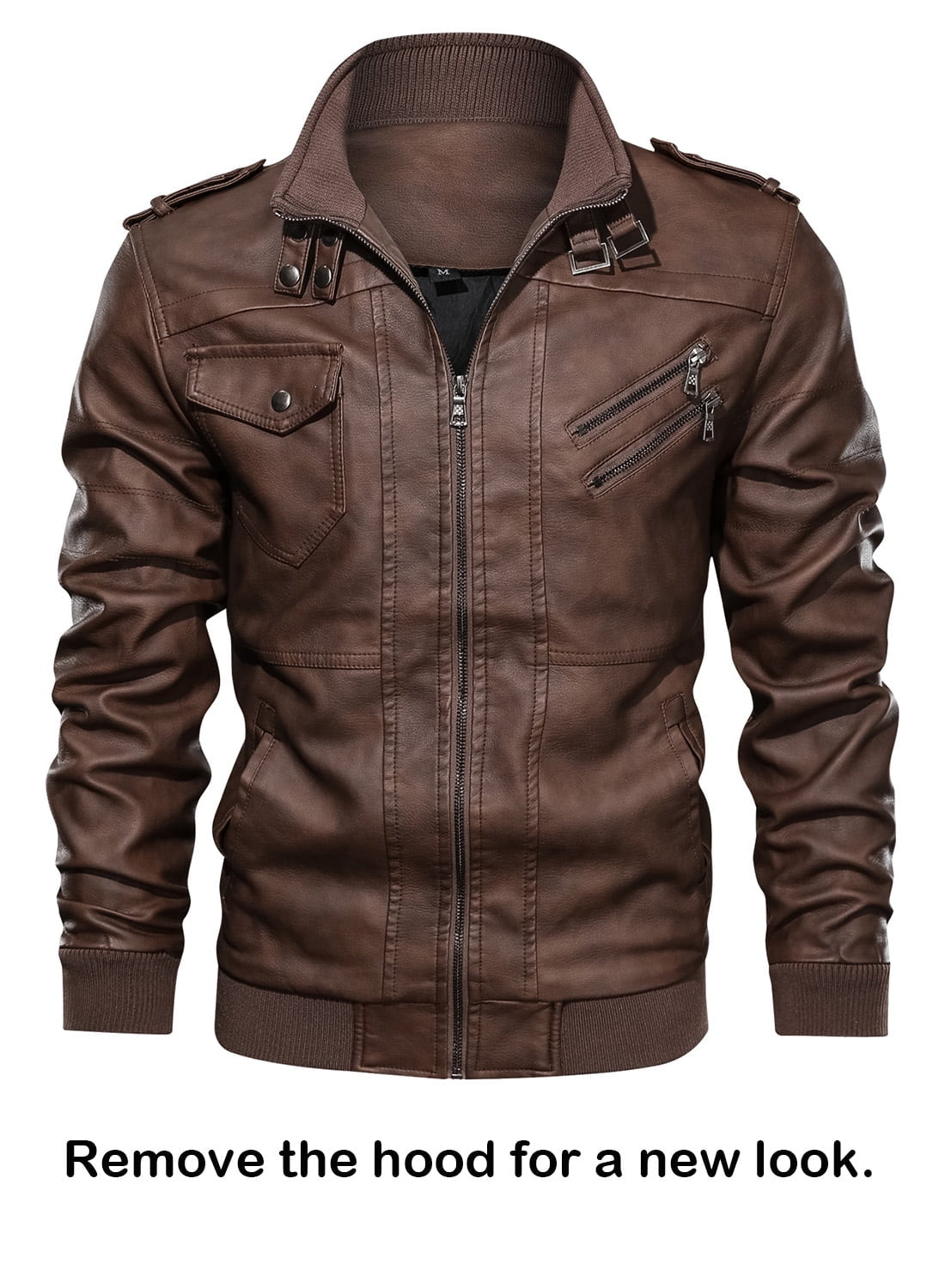Men'S Pu Faux Leather Jacket with Removable Hood Brown S