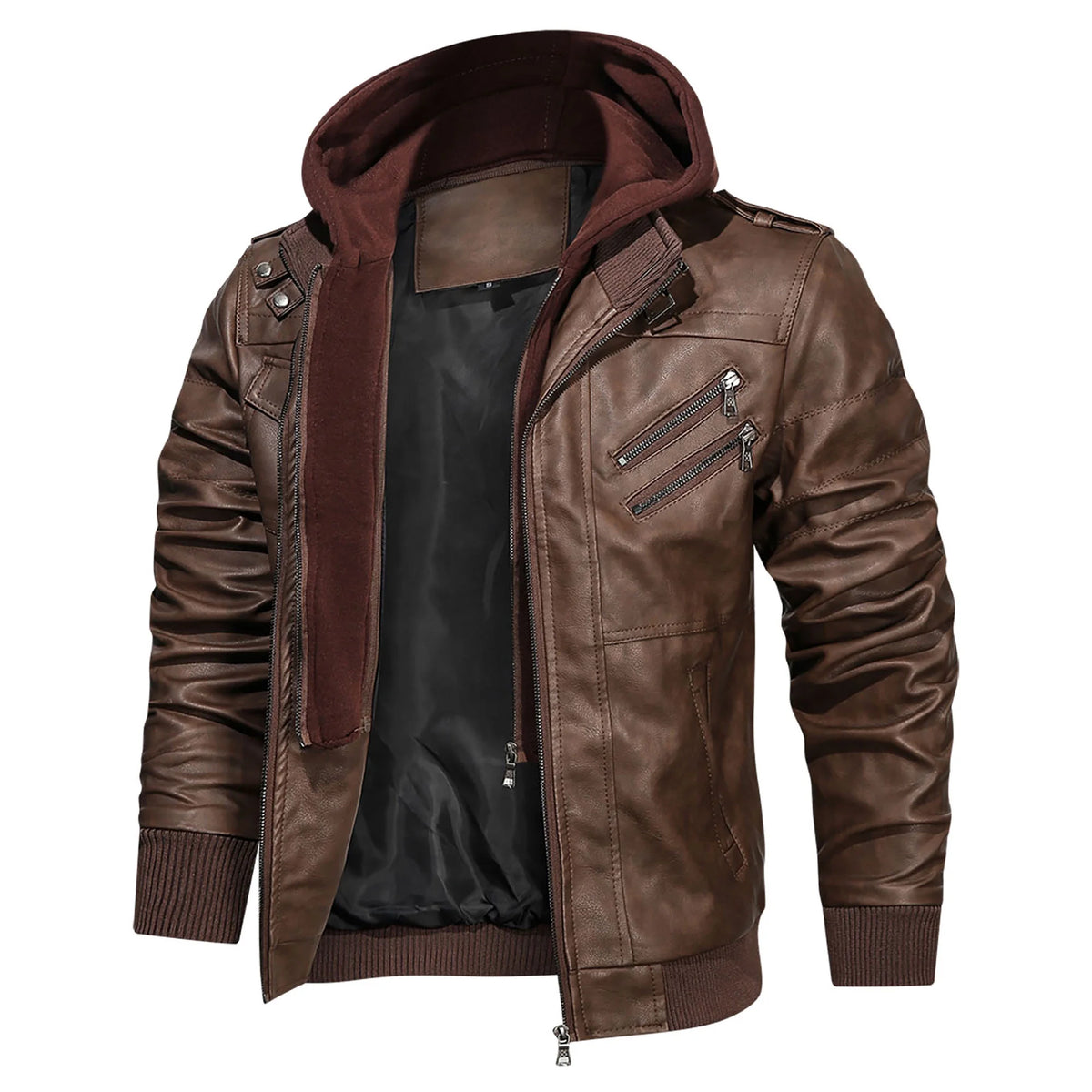 Men'S Pu Faux Leather Jacket with Removable Hood Brown S