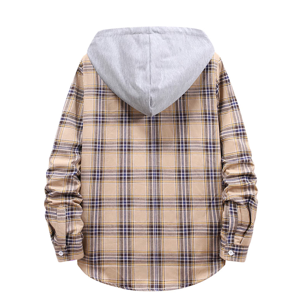 ZCFZJW Men'S Flannel Plaid Hooded Shirts Casual Long Sleeve Button down Regular Fit Hooded Shirt Lightweight Thin Jackets Khaki#06 S