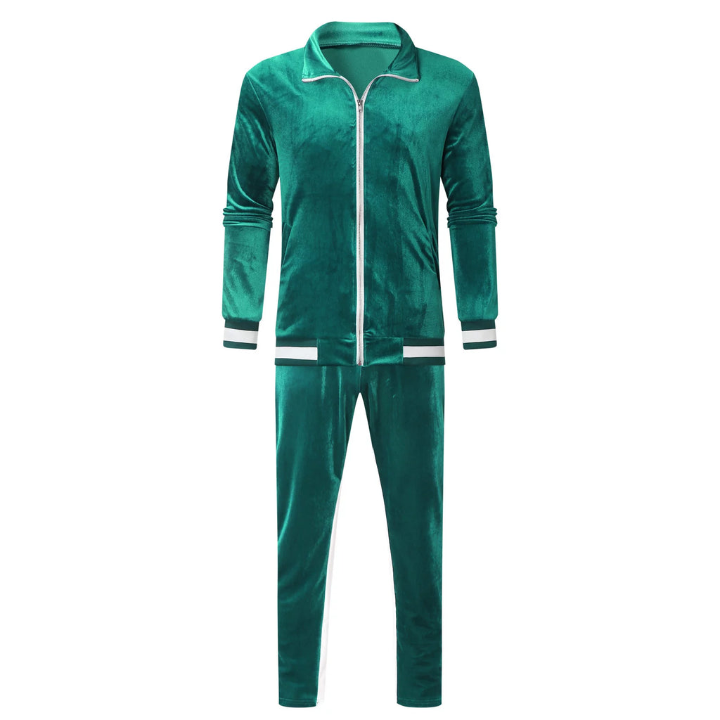Men'S 2 Pieces Full Zip Tracksuits Golden Velvet Sport Suits Casual Outfits Jacket & Pants Fitness Tracksuit Set(Green,L)