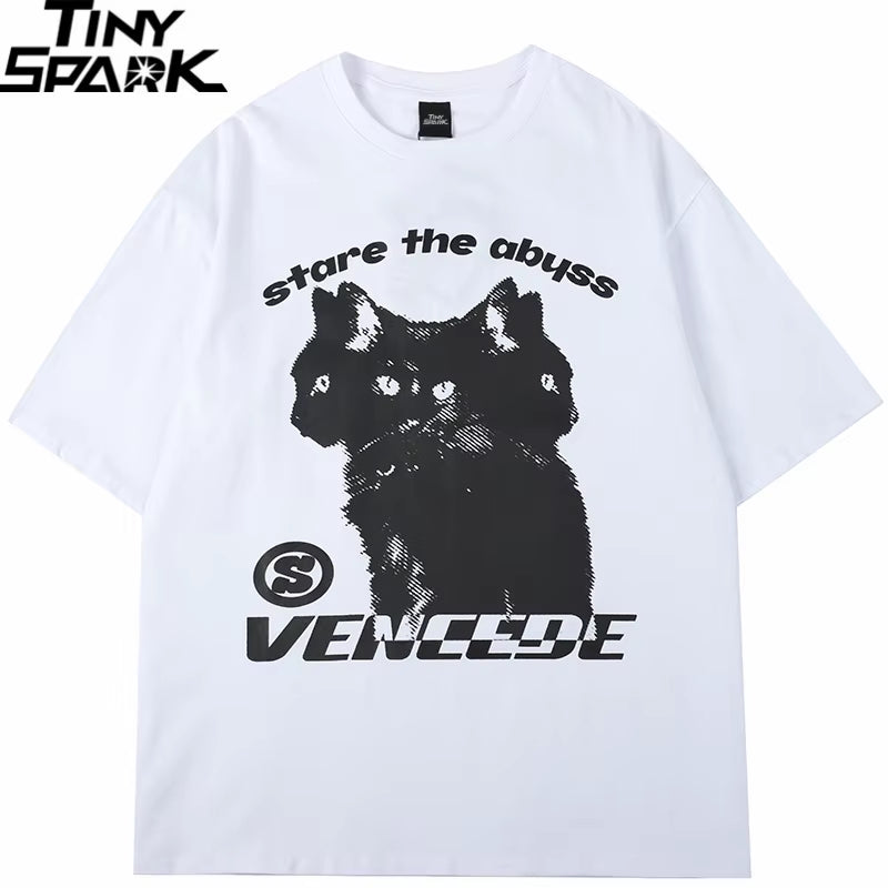 2025 New Streetwear Tshirt Hydra Cat Graphic T Shirt Men Cotton T-Shirt Hip Hop Loose Tops Tees Summer Short Sleeve Black White