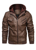Men'S Pu Faux Leather Jacket with Removable Hood Brown S