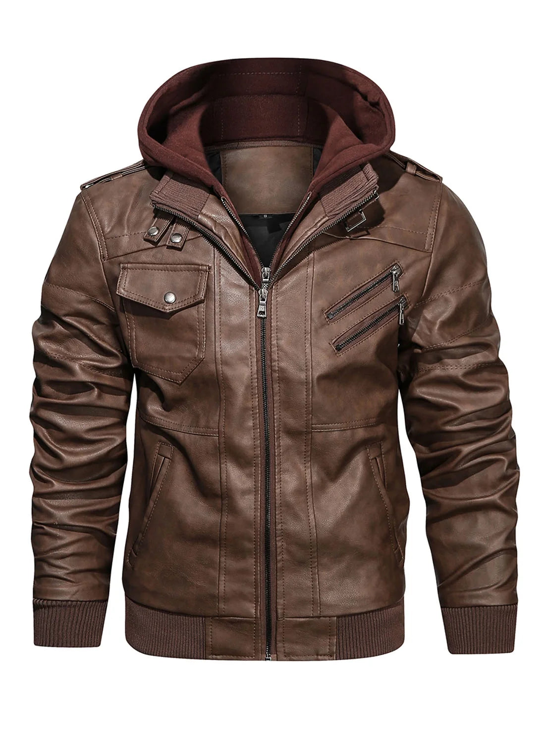 Men'S Pu Faux Leather Jacket with Removable Hood Brown S