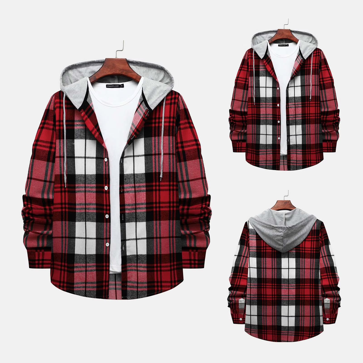 Men'S Flannel Plaid Hooded Shirts Casual Long Sleeve Button down Regular Fit Hooded Shirt Lightweight Thin Jackets Red#02 XL