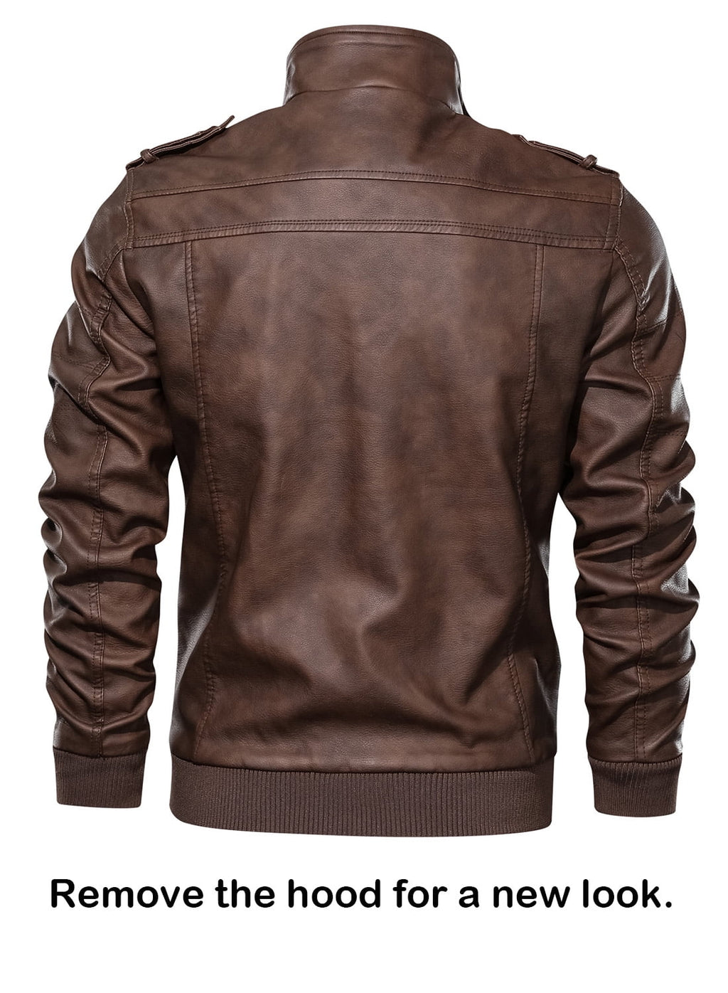 Men'S Pu Faux Leather Jacket with Removable Hood Brown S