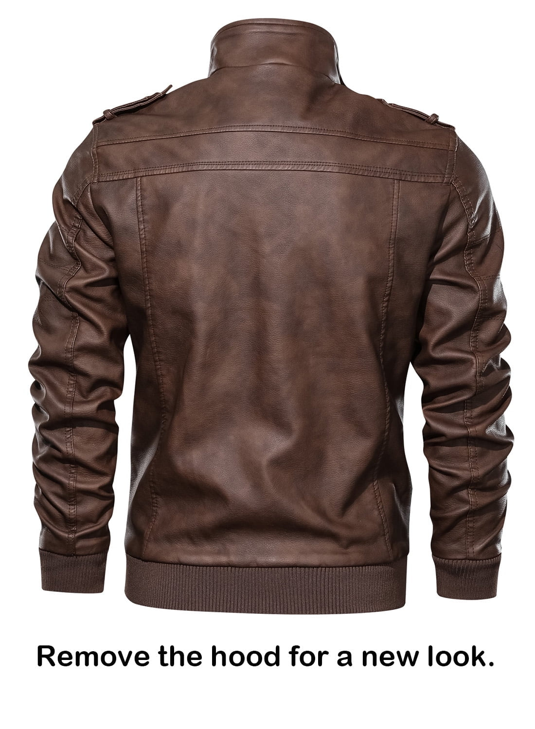 Men'S Pu Faux Leather Jacket with Removable Hood Brown S