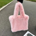 Designer Faux Mongolian Fur Fluffy Plush Shoulder Bag for Women - Large Heart-Shaped Hobo Shopper Handbag