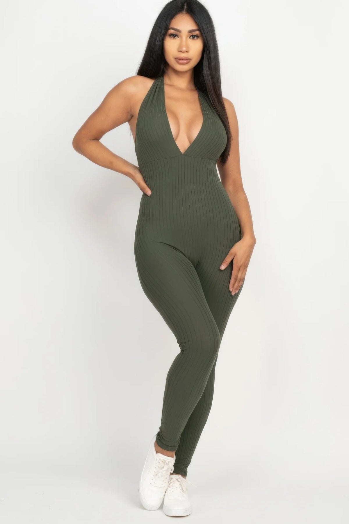 Halter V Neck Ribbed Bodycon Jumpsuit