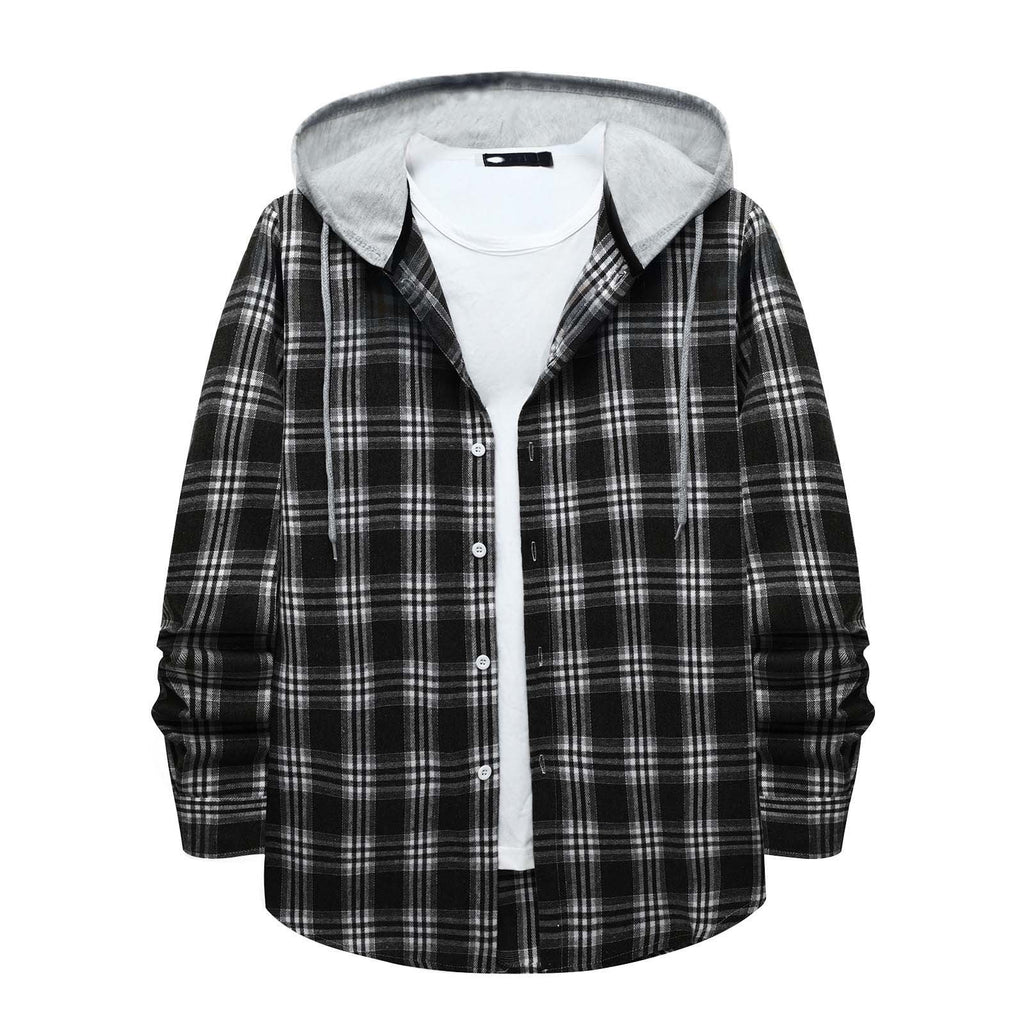 Men'S Flannel Plaid Hooded Shirts Casual Long Sleeve Button down Regular Fit Hooded Shirt Lightweight Thin Jackets Black#03 S