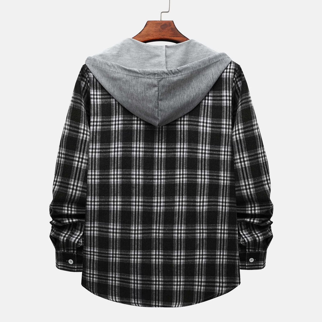 Men'S Flannel Plaid Hooded Shirts Casual Long Sleeve Button down Regular Fit Hooded Shirt Lightweight Thin Jackets Black#03 S