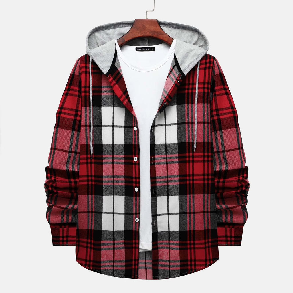Men'S Flannel Plaid Hooded Shirts Casual Long Sleeve Button down Regular Fit Hooded Shirt Lightweight Thin Jackets Red#02 XL