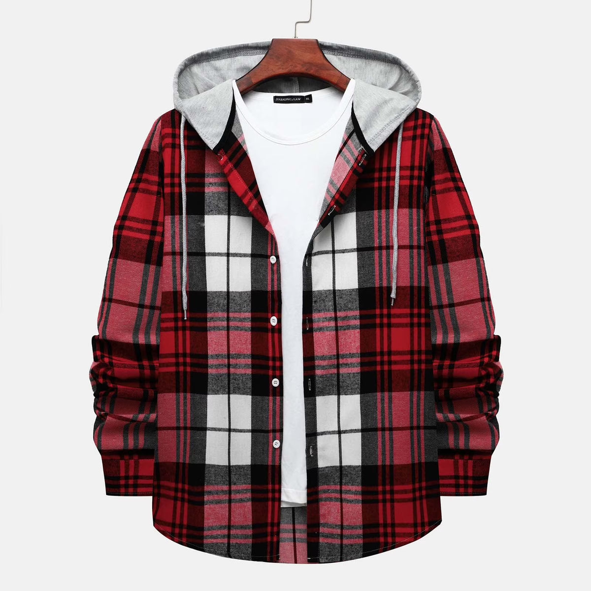 Men'S Flannel Plaid Hooded Shirts Casual Long Sleeve Button down Regular Fit Hooded Shirt Lightweight Thin Jackets Red#02 XL