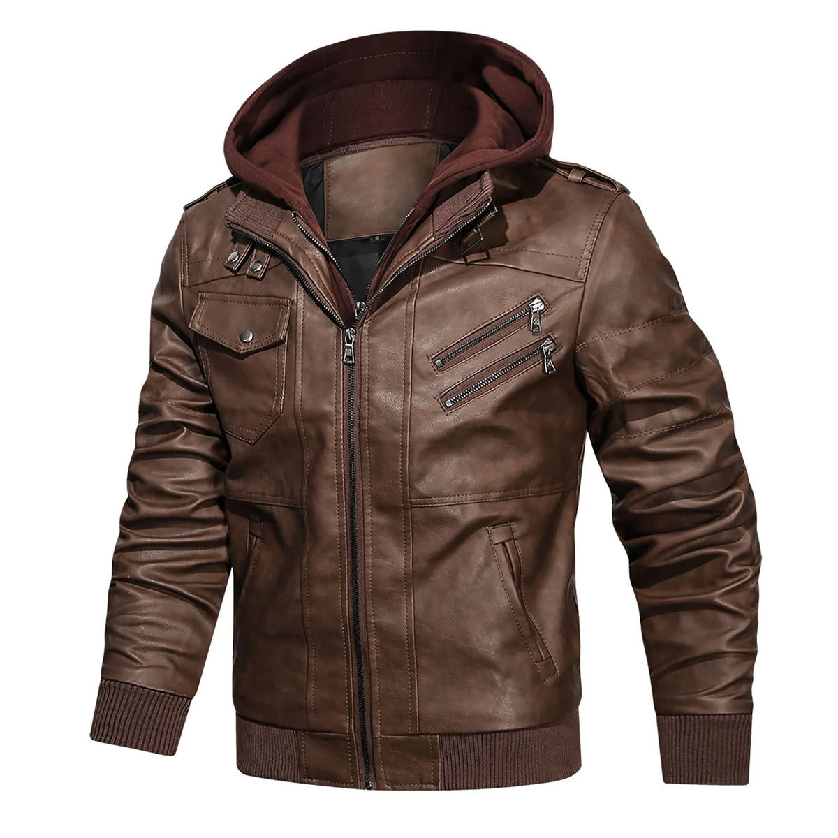 Men'S Pu Faux Leather Jacket with Removable Hood Brown S