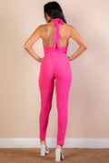 Halter V Neck Ribbed Bodycon Jumpsuit