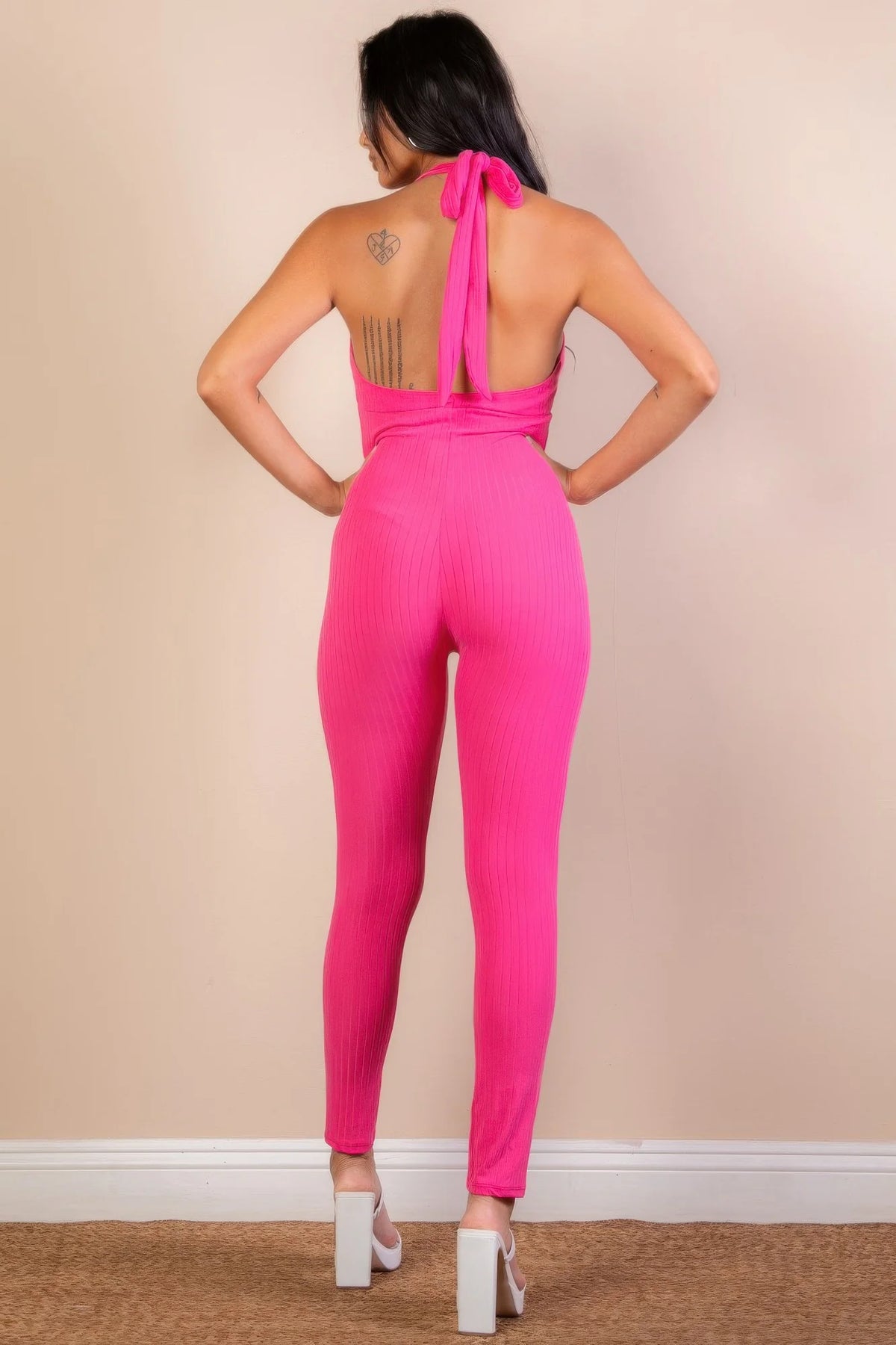 Halter V Neck Ribbed Bodycon Jumpsuit