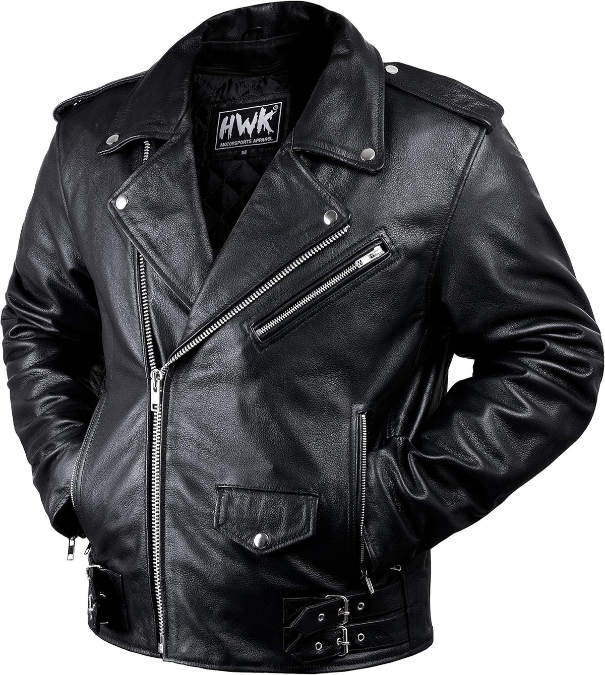 HWK Brando Leather Motorcycle Jacket for Men, Genuine Black Leather Jacket with Removable CE Armor for Motorbike Riding