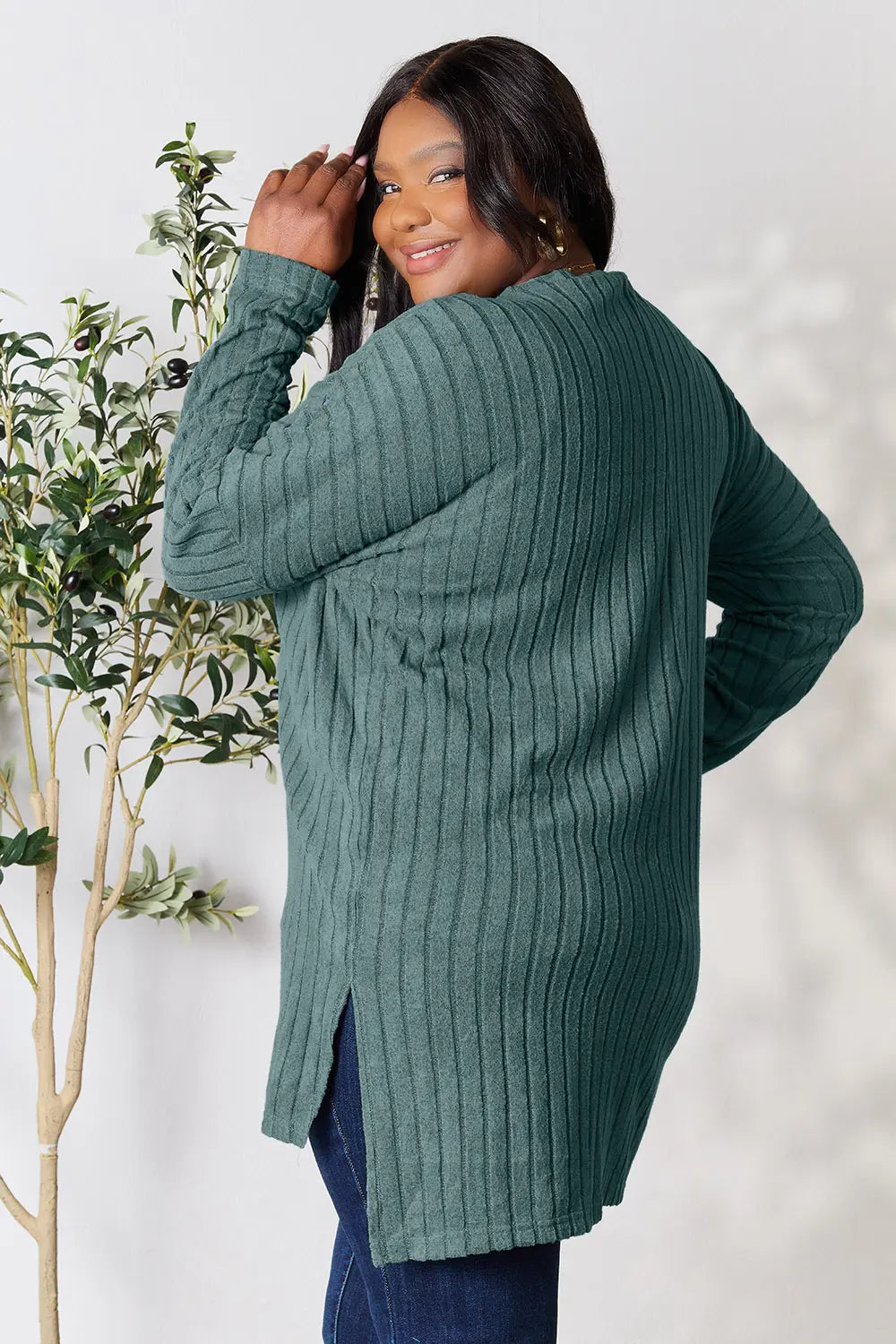 Basic Bae Full Size Ribbed round Neck Long Sleeve Slit Top