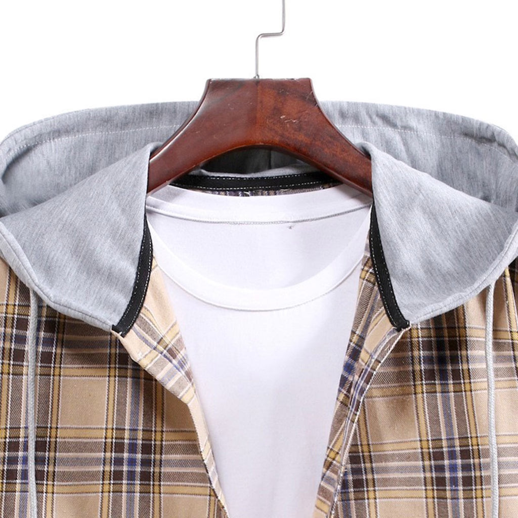 ZCFZJW Men'S Flannel Plaid Hooded Shirts Casual Long Sleeve Button down Regular Fit Hooded Shirt Lightweight Thin Jackets Khaki#06 S