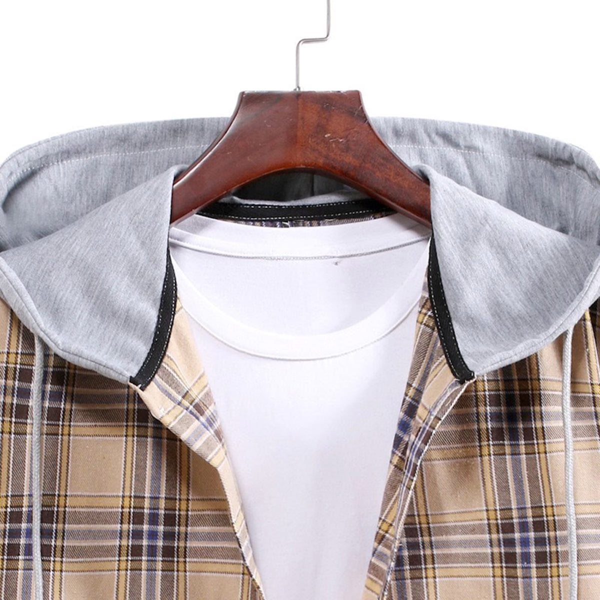 ZCFZJW Men'S Flannel Plaid Hooded Shirts Casual Long Sleeve Button down Regular Fit Hooded Shirt Lightweight Thin Jackets Khaki#06 S