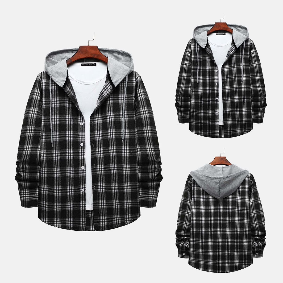 Men'S Flannel Plaid Hooded Shirts Casual Long Sleeve Button down Regular Fit Hooded Shirt Lightweight Thin Jackets Black#03 S
