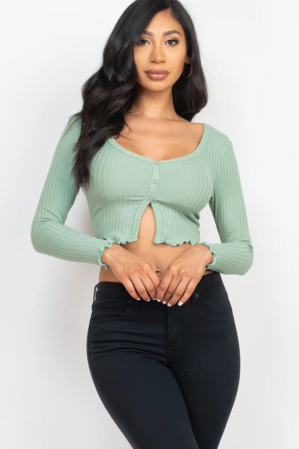 Ribbed Button Front Split Long Sleeve Top