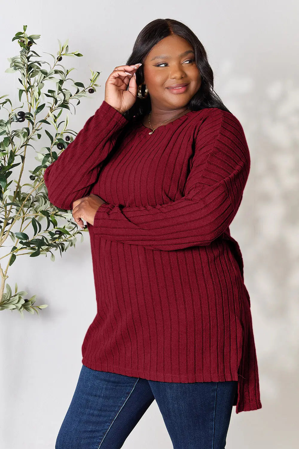 Basic Bae Full Size Ribbed round Neck Long Sleeve Slit Top
