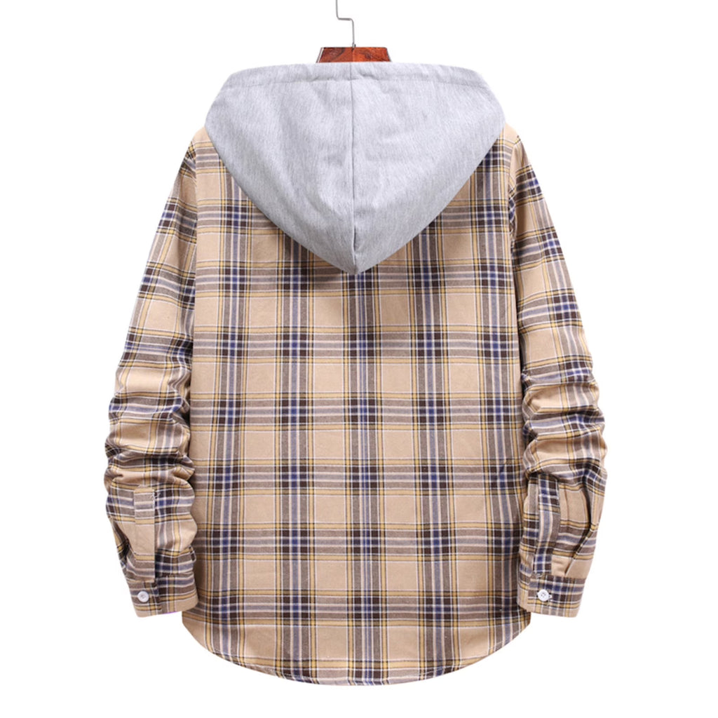 ZCFZJW Men'S Flannel Plaid Hooded Shirts Casual Long Sleeve Button down Regular Fit Hooded Shirt Lightweight Thin Jackets Khaki#06 S