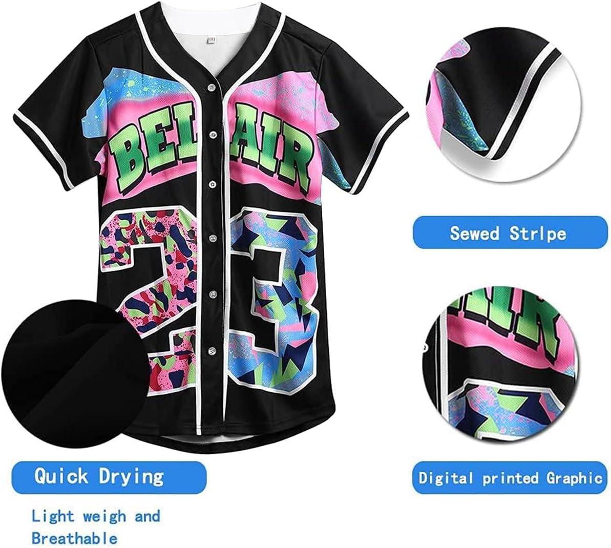 Unisex Bel Air Button down Baseball Jersey, 90S Hip Hop Party Shirt
